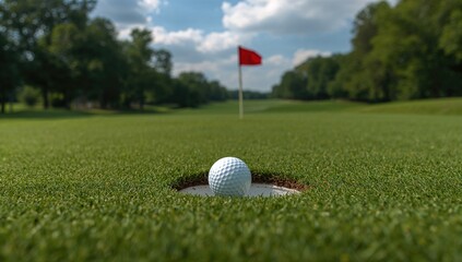 Obraz premium Golf ball positioned close to the hole, focus on precision