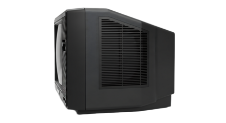 Side view of a black cathode ray tube television set with ventilation grilles on a black background