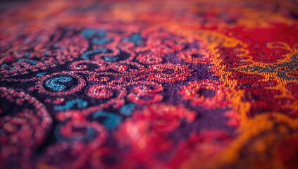 Colorful batik, sarong fabric design backdrop, close-up with shallow depth of field, suitable for editorial header background