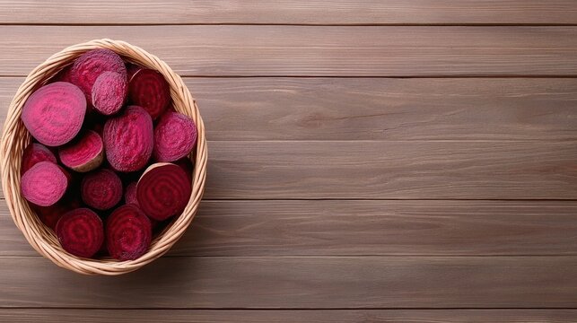 Freshly sliced beets displayed in a rustic basket on a wooden table, capturing the essence of natural produce and culinary delights