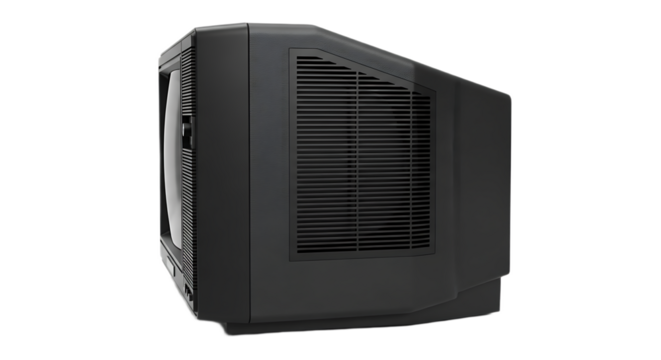 Side view of a black cathode ray tube television set with ventilation grilles on a black background