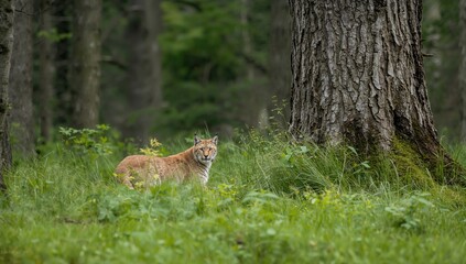 Fototapeta premium Eurasian lynx resting by a tree trunk, observing its natural habitat, wildlife behavior