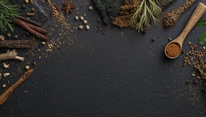 Assorted herbs and spices displayed on a dark stone surface, viewed from above with empty space