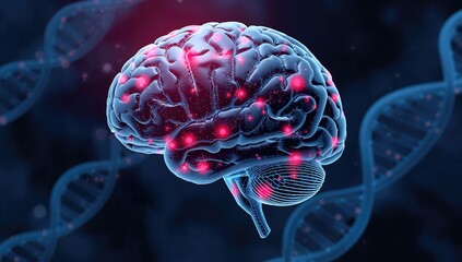 DNA helix with human brain overlay, exploring genome research techniques and AI in neuronal regulation