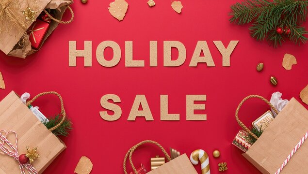 Kraft Paper Letters and Bags on Red Backdrop, Holiday Sale Theme - Powered by Adobe