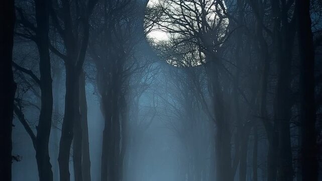 Full moon shining through a dark, misty forest at night, creating an eerie and mysterious atmosphere.