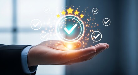 Hand showing quality guarantee with check mark and stars on blue background