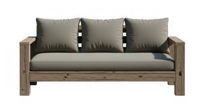 Distressed wooden sofa with three light grey cushions for home