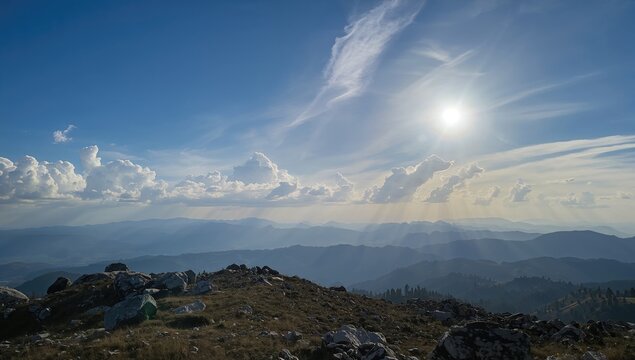 A landscape featuring rugged mountains under a vibrant sky, showcasing the beauty of nature's formations