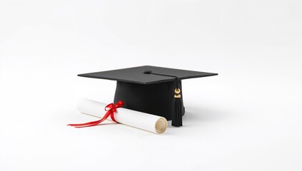 Black Graduation Cap with Diploma on Plain White Surface, symbolizing achievement and focus
