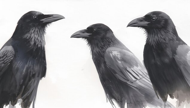 Three black ravens on a stark white backdrop, created with watercolor paints. Falcon or Corvus cora depiction.