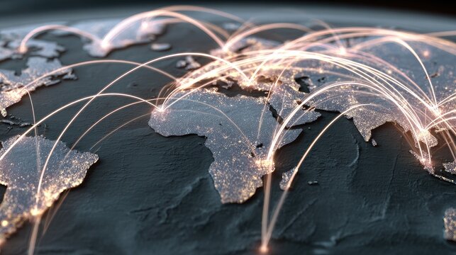 Global Connections and Digital Networks Illuminating Earth at Night with Light Trails Representing Communication and Data Flow Over Continents