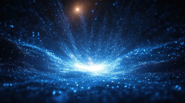 Glowing blue particles swirling in a dynamic pattern with bright central light and a warm orange light source in dark space - Powered by Adobe