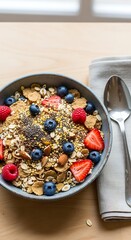 Healthy Breakfast Bowl - Granola, Berries, and Seeds for a Nutritious Start.