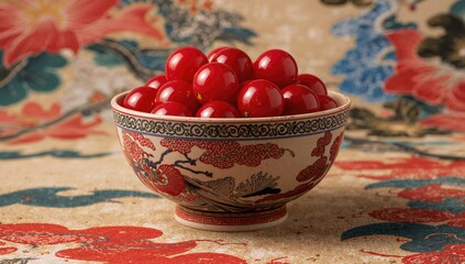 Japanese pottery bowl filled with vibrant red spheres, decorative element for celebrations