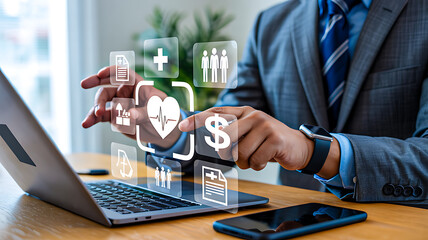 A businessman manages digital health insurance and medical plans, interacting with virtual icons for wellness, finance, and corporate employee benefits.