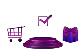 3d render of a shopping cart sign. Colourful various Shopping concept isolated on png transparent . Purple color Trolley and podium, check box, gift box delivery illustration 3d rendering.