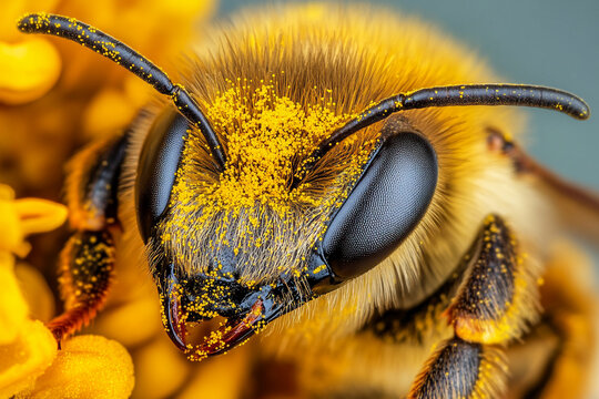 honeybee covered in golden pollen, collecting nectar from blooming cherry blossom tree