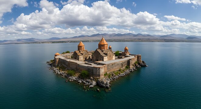 Panoramic view of Sevanavank Monastery on Sevan Lake under summer sky
