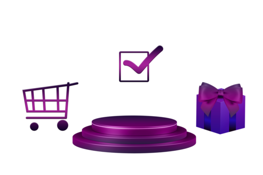 3d render of a shopping cart sign. Colourful various Shopping concept isolated on png transparent . Purple color Trolley and podium, check box, gift box delivery illustration 3d rendering.