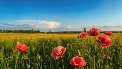 Naklejka premium A vibrant field of poppies, showcasing seasonal beauty, Earth Day