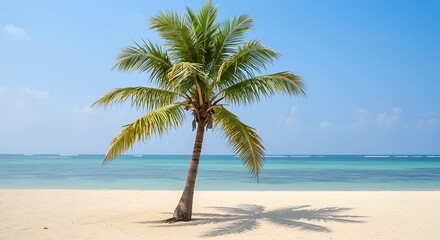 Palm tree on a tropical beach with turquoise water and blue sky.