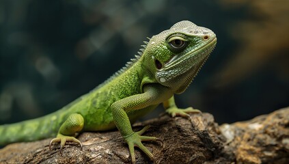 Fototapeta premium Baby green iguana exploring a new terrarium environment, emphasizing the importance of proper pet care