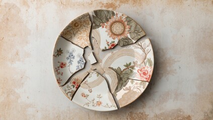 Japanese ceramic dish featuring underglaze designs, showcasing a blend of fragmented elements in an abstract art style
