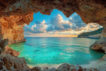 View of turquoise sea and fluffy clouds at sunset framed by natural rocky cave opening with sandy beach and distant green cliff