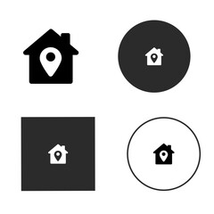 This is a collection of four house location icons, each presented in a different style, isolated on the set includes a detailed silhouette, a circle, a square, and an outline