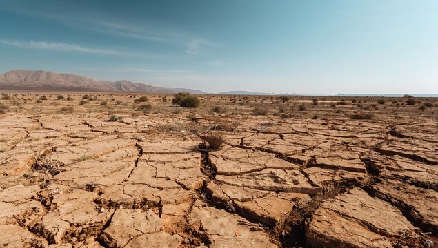 A barren landscape characterized by dry soil, erosion risk - Powered by Adobe