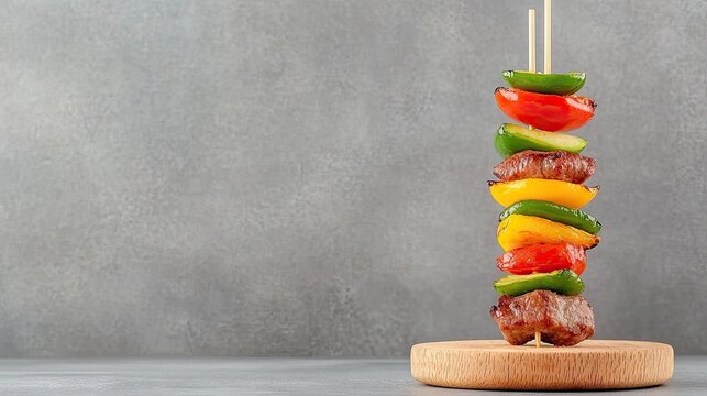 Grilled meat and vibrant vegetable skewers artfully arranged on a rustic wooden board capturing the essence of a summer barbecue feast