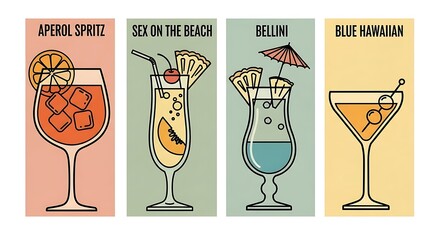 Colorful Cocktail Collection - Aperol Spritz, Sex on the Beach, Bellini, Blue Hawaiian.