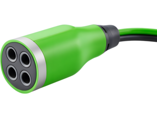 Electric vehicle charger plug with green detail isolated on white background, symbolizing clean energy and innovation.