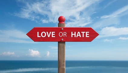 Love or Hate symbol on a signpost with arrows, reflecting human emotions and choices, business theme