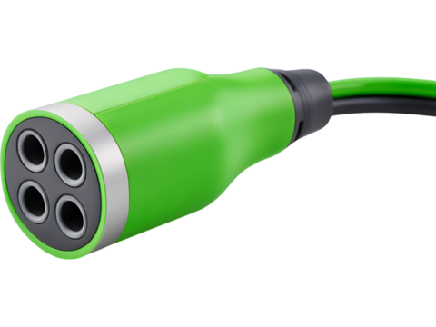 Electric vehicle charger plug with green detail isolated on white background, symbolizing clean energy and innovation.