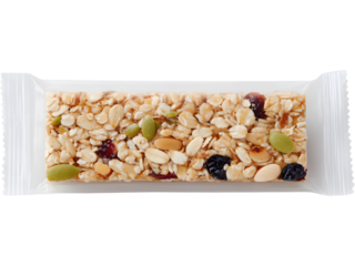 Natural granola bar with nuts and seeds tied in paper wrap isolated on white background, symbolizing energy and healthy snacks.