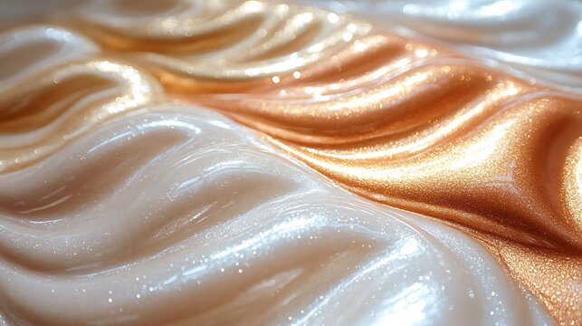 Abstract flowing waves of shimmering pearlescent and rose gold fabric texture
