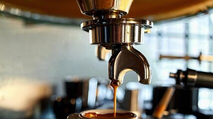 Close-up video of espresso pouring from a machine into a cup, captured from a low angle, highlighting the rich, creamy texture of the coffee. - Powered by Adobe