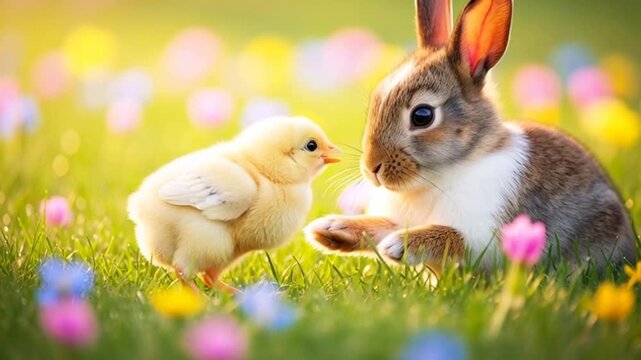 Delightful springtime scene featuring a fluffy bunny and a cute chick amidst vibrant wildflowers