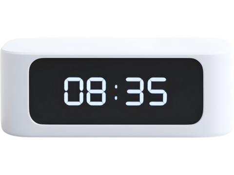 Minimal white digital clock with black LED display isolated on white background, symbolizing simplicity and modern design.