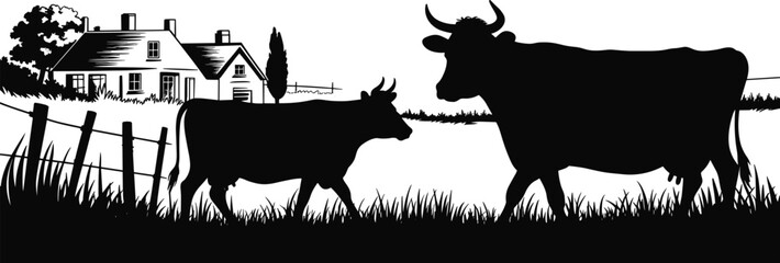 Rural farm landscape illustration, black and white cow silhouette, calf and adult livestock, rustic wooden fence, countryside farmhouse, pastoral scenery, agriculture animals, © Shammi's World