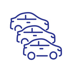 Three blue car outlines lined up, symbolizing transportation or a fleet.