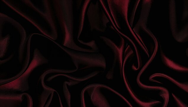 Abstract background in shades of dark black, deep red, and rich burgundy with silky satin and velvet textures. Luxurious fabric featuring elegant folds and flowing drapery lines, evoking romance and
