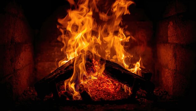 Burning flames in a fireplace, creating an ambient backdrop for relaxation