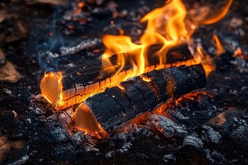 Close-up view of two glowing charred logs burning with bright orange flames on ash-covered ground