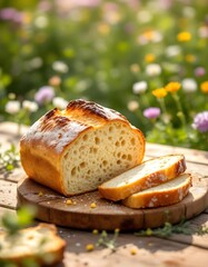 Rustic sourdough bread loaf with crispy crust and sliced pieces beside it
