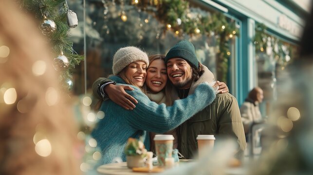 A vibrant and cozy winter scene at an outdoor caf? terrace, featuring two Latina women and one Latino man in green and blue clothing, sharing a group hug while recording a TikTok video