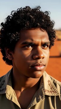 Portrait of a young australian aboriginal man with curly hair looking seriously in outback desert