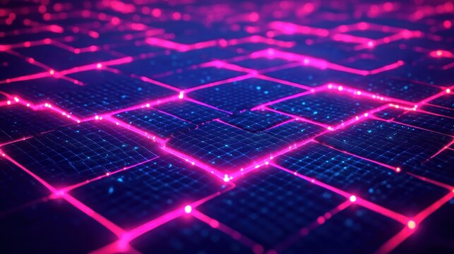 Glowing pink neon grid over dark blue interconnected square tiles creating a futuristic digital network effect with vibrant lighting